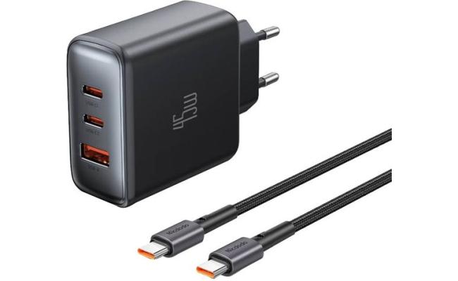 Mcdodo CH-4861 Fast Wall Charger 45W 3-Port Output, with Type-C Cable - Black
